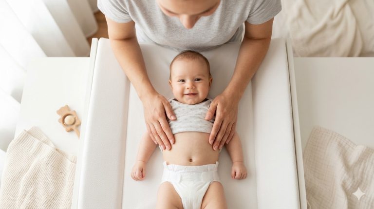 Vue aérienne d'un parent changeant la couche d'un bébé souriant sur table à langer blanche