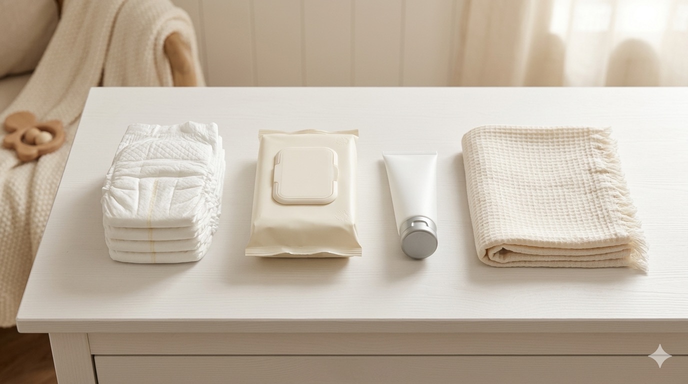 Table à langer organisée avec couches pliées, lingettes non parfumées et crème de change