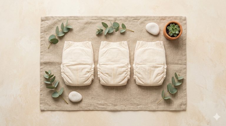 Couches bébé écologiques non blanchies sur tissu de lin avec feuilles d'eucalyptus
