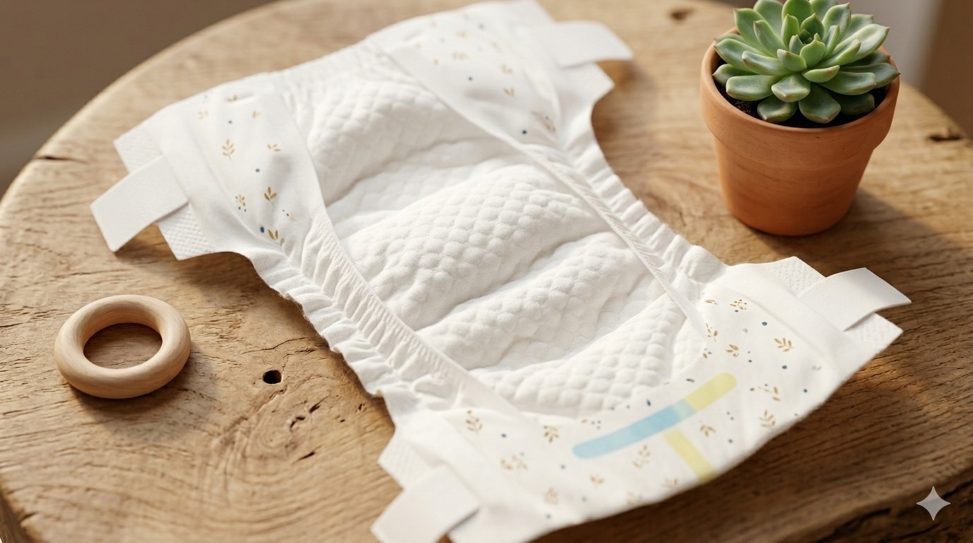 Couche bébé écologique ouverte révélant l'intérieur en coton naturel sur surface en bois
