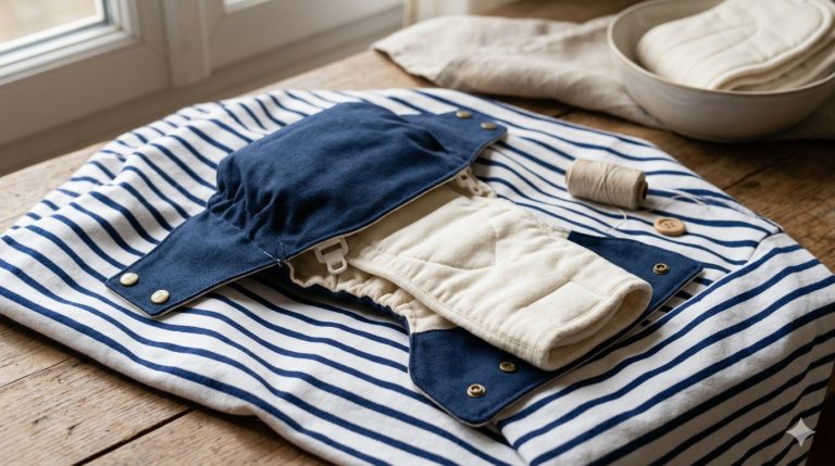Couche hybride réutilisable bleu marine avec insert biodégradable blanc sur tissu breton rayé