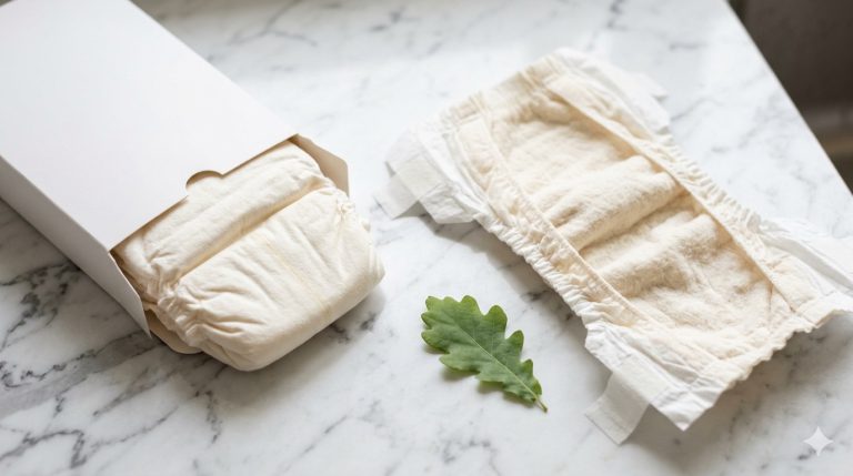 Couche bébé en coton organique non blanchi dans son emballage minimaliste sur marbre blanc
