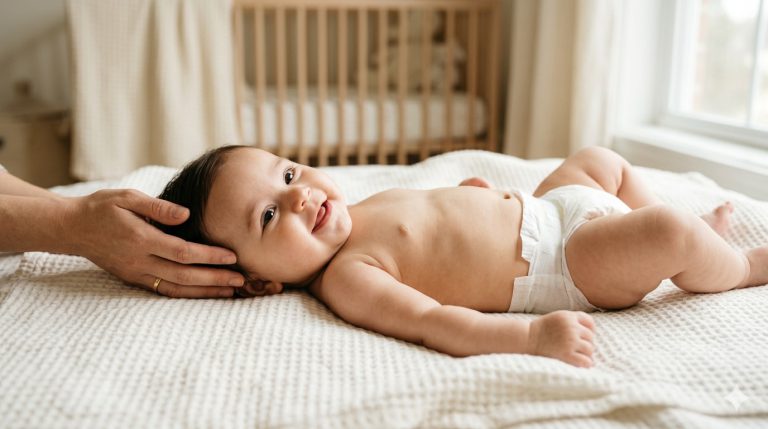 Bébé de 4 mois à peau douce souriant sur couverture blanche pendant un change doux