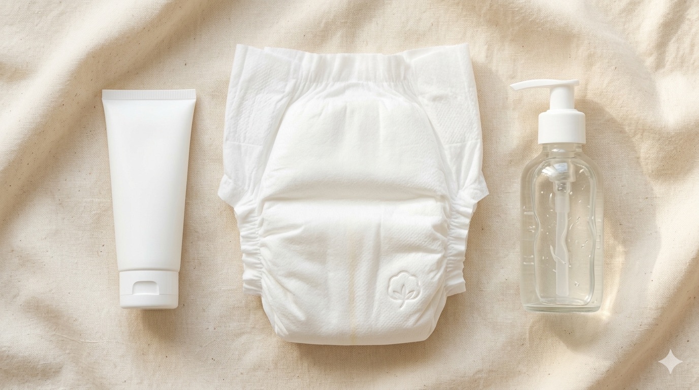 Couche hypoallergénique, crème sans parfum et gel aloe vera sur tissu coton biologique
