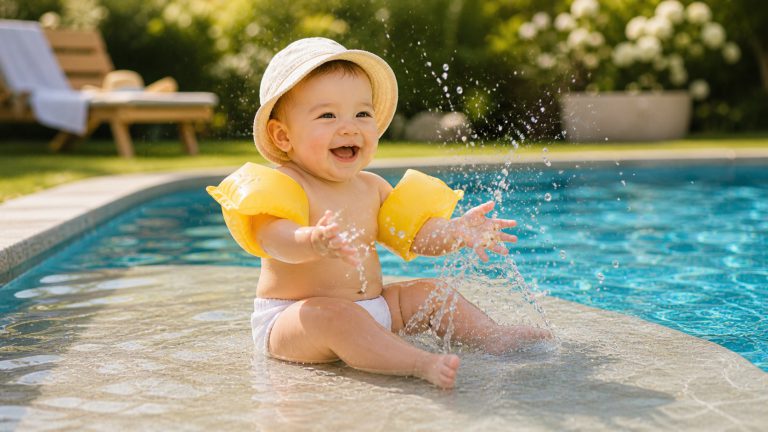 Bébé de 10 mois en couche piscine blanche et chapeau de soleil éclaboussant l'eau