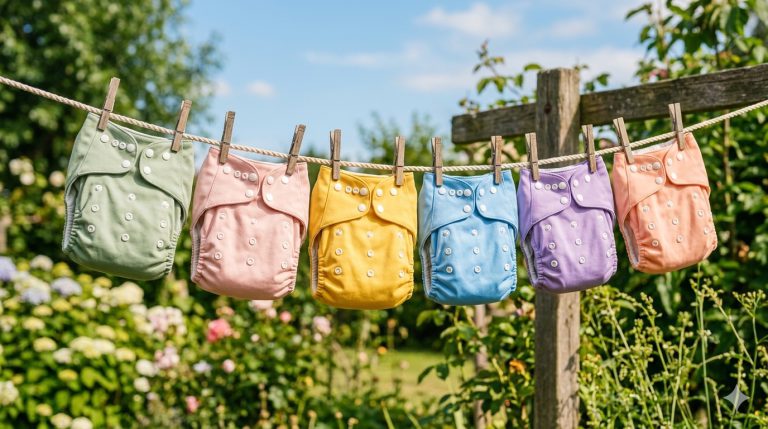 Six couches lavables en tissu pastels — vert, rose, jaune, bleu, lavande, pêche — sur étendoir bois