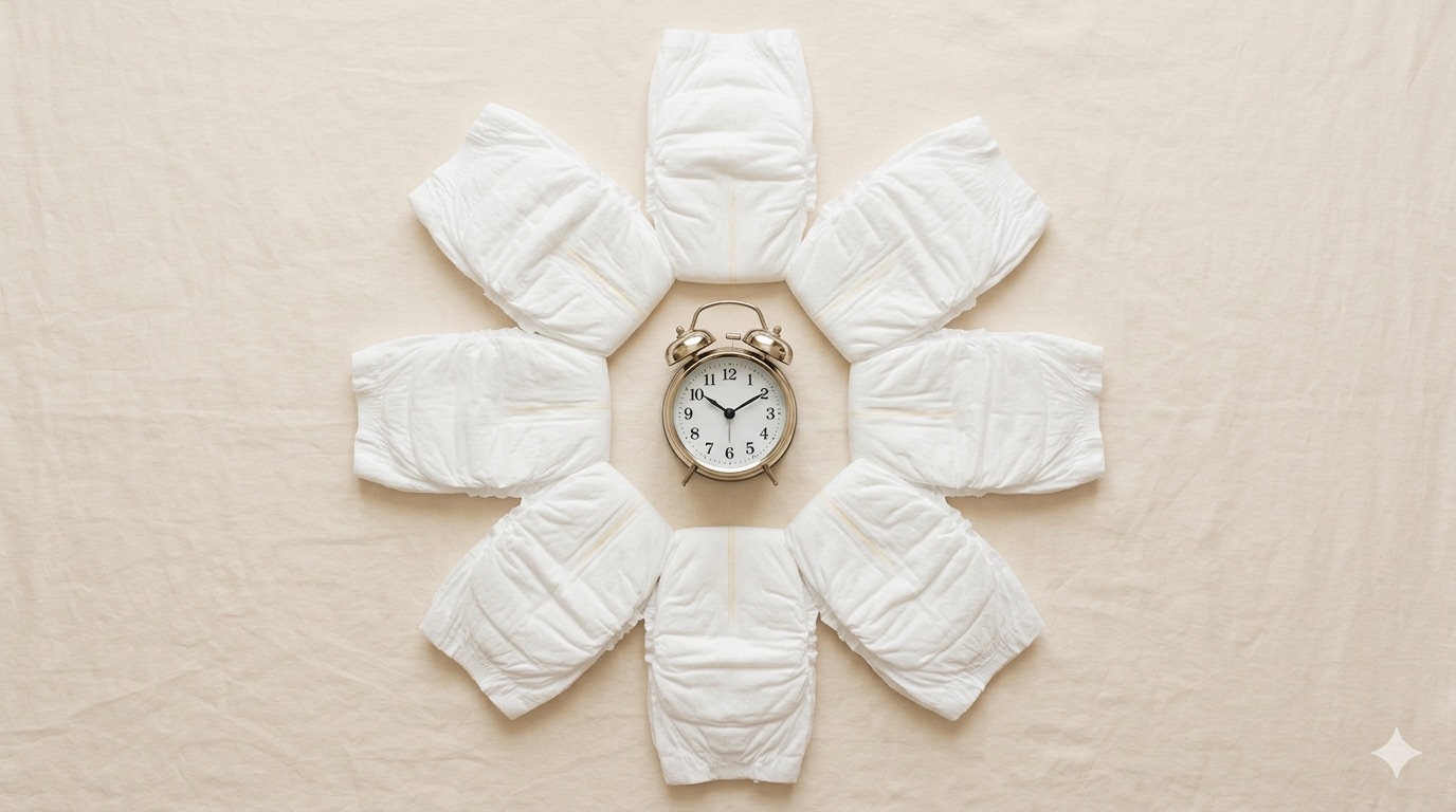 Combien de couches par jour ? Huit couches bébé disposées en cercle comme les heures d'une horloge