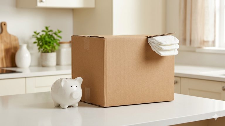 Boîte de couches bébé en carton à côté d'une tirelire blanche sur comptoir blanc