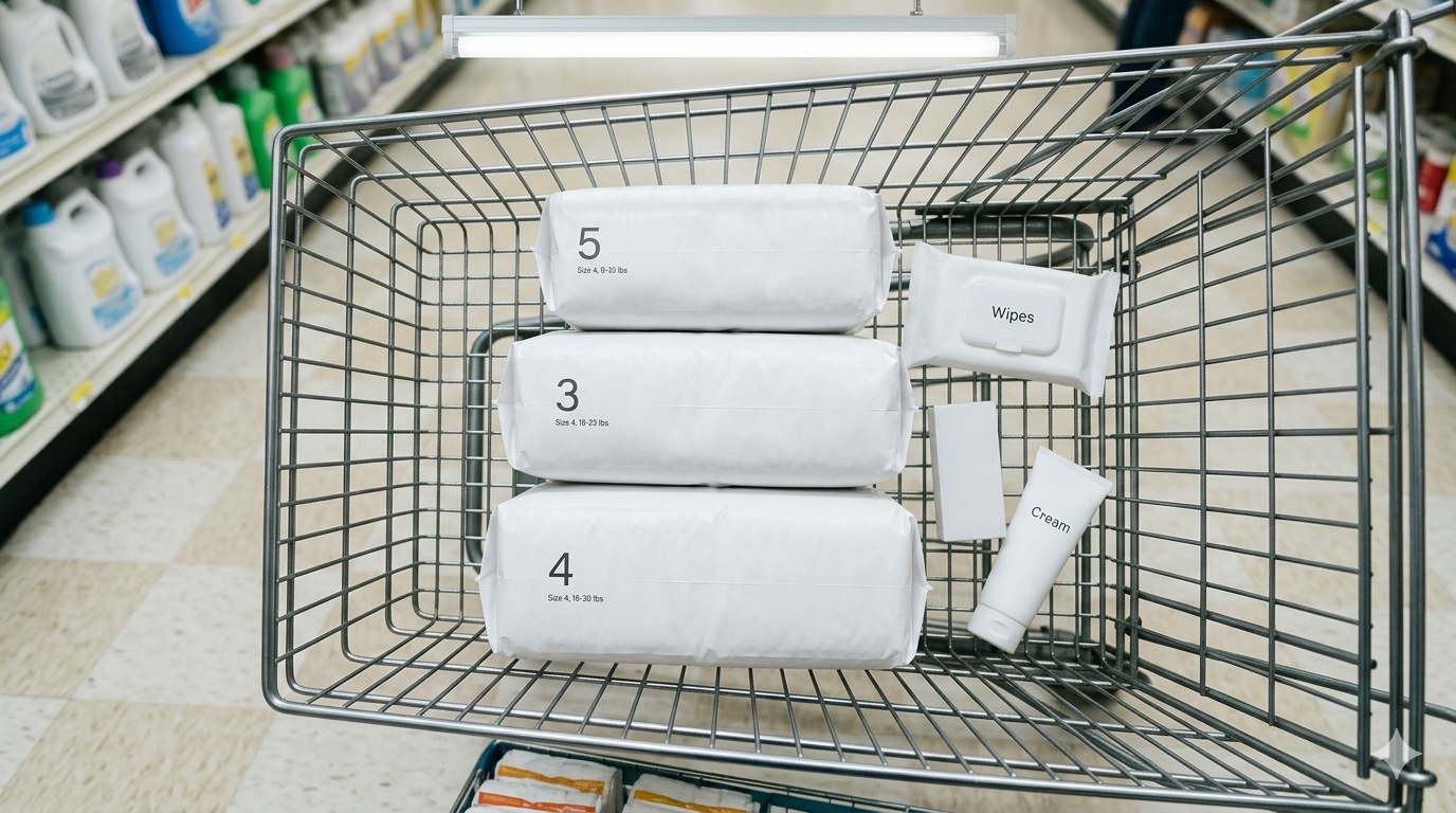 Vue aérienne d'un caddie contenant plusieurs grands paquets de couches bébé en supermarché