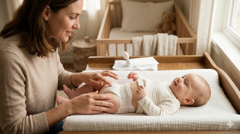 Parent appliquant de la crème à l'oxyde de zinc sur les fesses d'un bébé sur table à langer