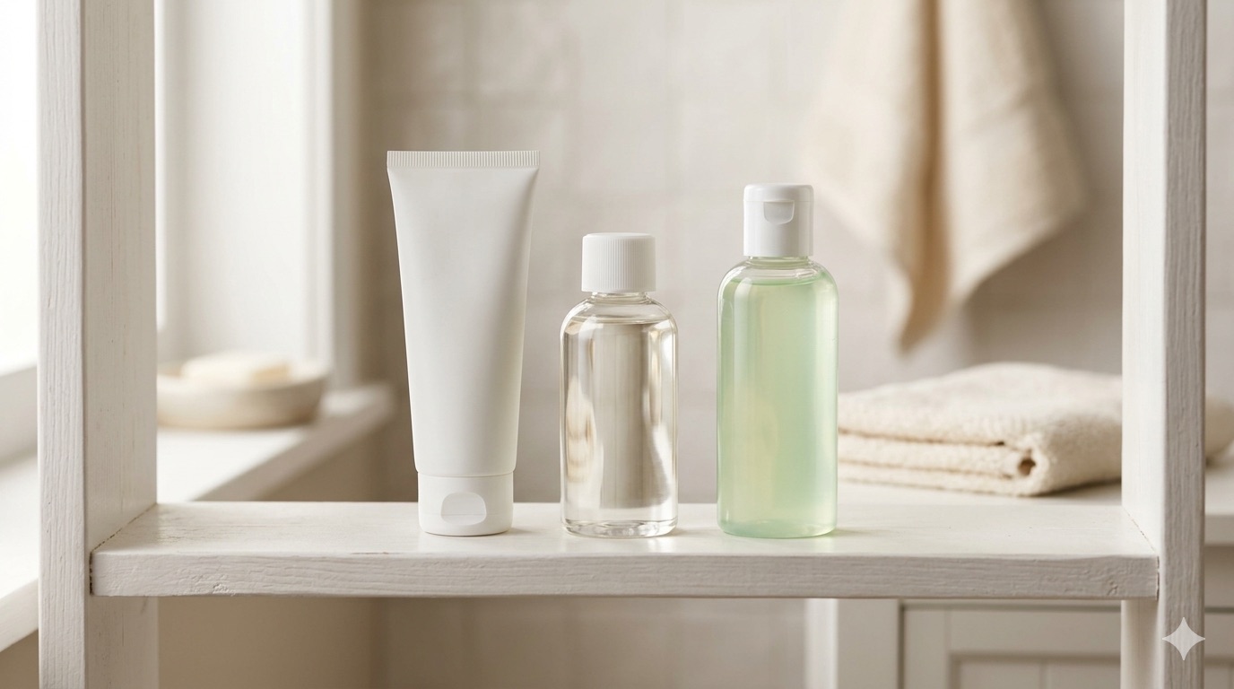 Crème à l'oxyde de zinc, huile douce pour bébé et gel aloe vera sur étagère de salle de bain