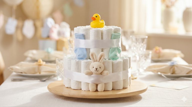 Gâteau de couches à deux étages avec ruban blanc, canard en caoutchouc et chaussettes pastels