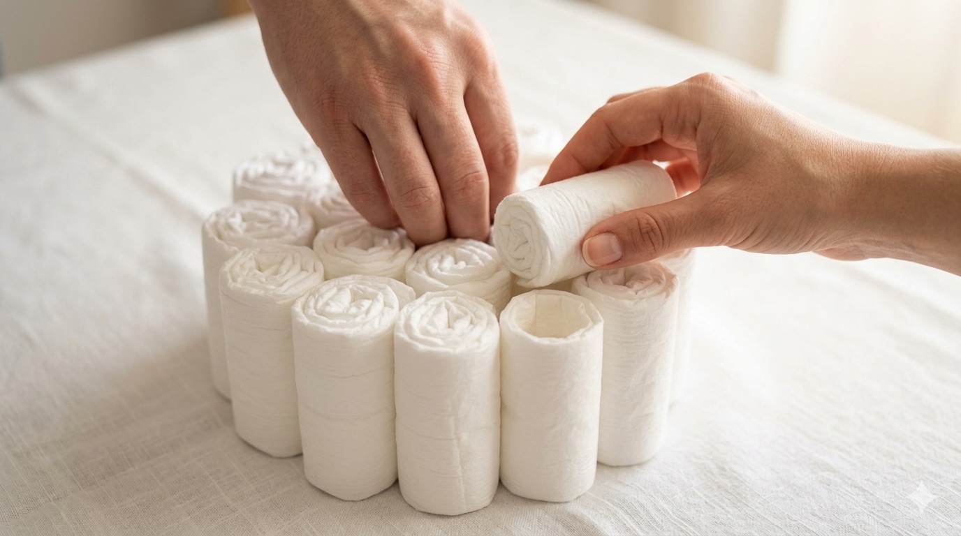 Mains roulant des couches bébé en cylindres et les disposant en cercle pour le gâteau