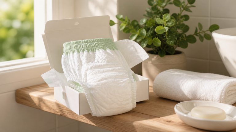 Couche bébé hypoallergénique à ceinture verte dans son emballage cartonné sur étagère en bois