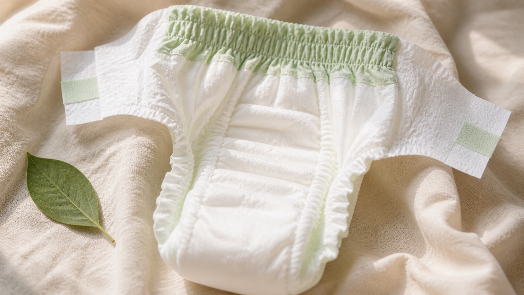 Couche bébé hypoallergénique ouverte sur tissu de coton écru montrant l'intérieur blanc