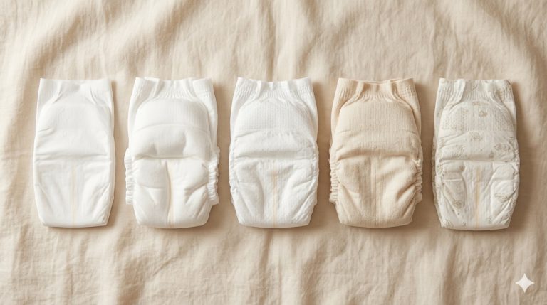 Cinq modèles de couches bébé comparés côte à côte sur tissu beige crème