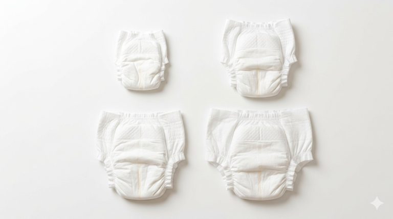 Quatre couches premium bébé en tailles croissantes — naissance, taille 2, 4 et 5 — en grille 2x2