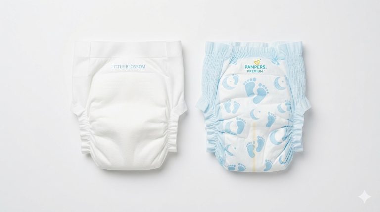 Deux couches bébé de styles différents — ceinture plate vs ceinture élastique — côte à côte
