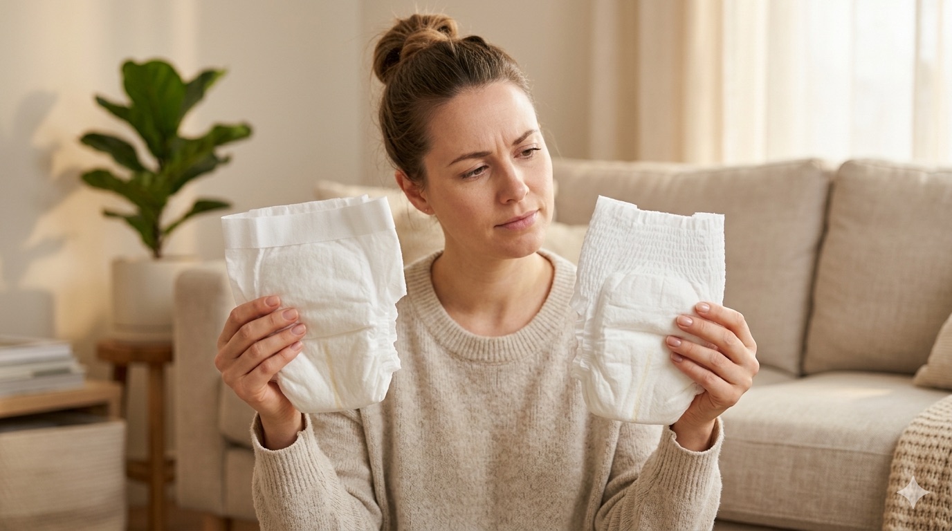 Parent tenant une couche à ceinture plate et une à ceinture élastique pour les comparer