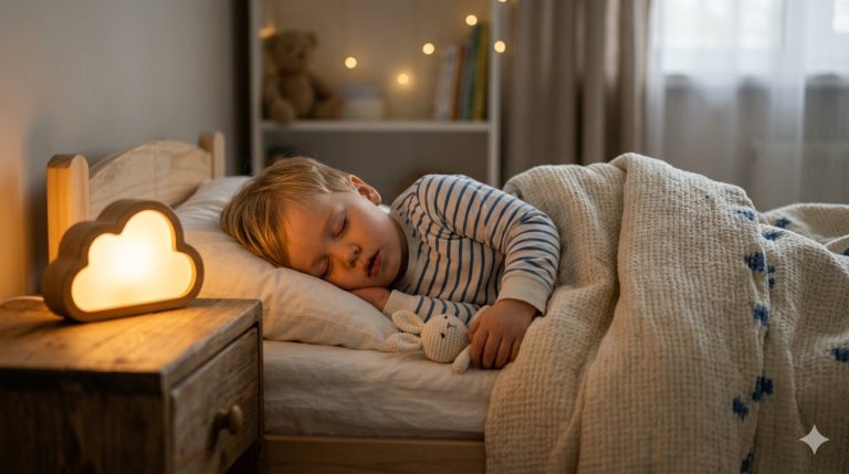 Enfant de 3 ans en pyjama rayé dormant paisiblement dans son lit sans couche