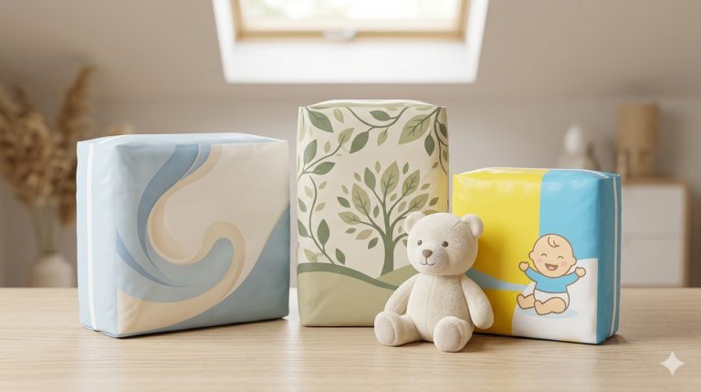 Trois paquets de couches bébé — premium, écologique et entrée de gamme — sur surface en bois