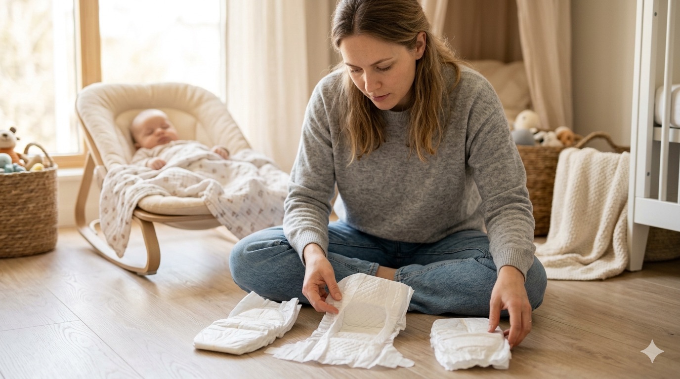 Mère assise par terre comparant trois couches dépliées de marques différentes côte à côte