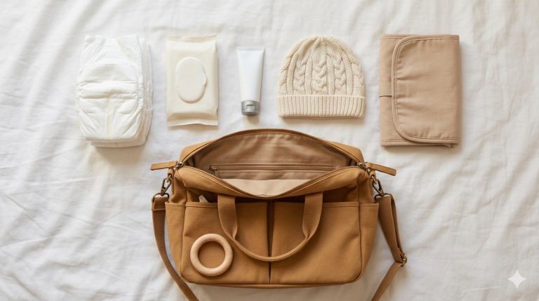 Sac à langer ouvert entouré de couches, lingettes, tapis de change pliant et crème bébé