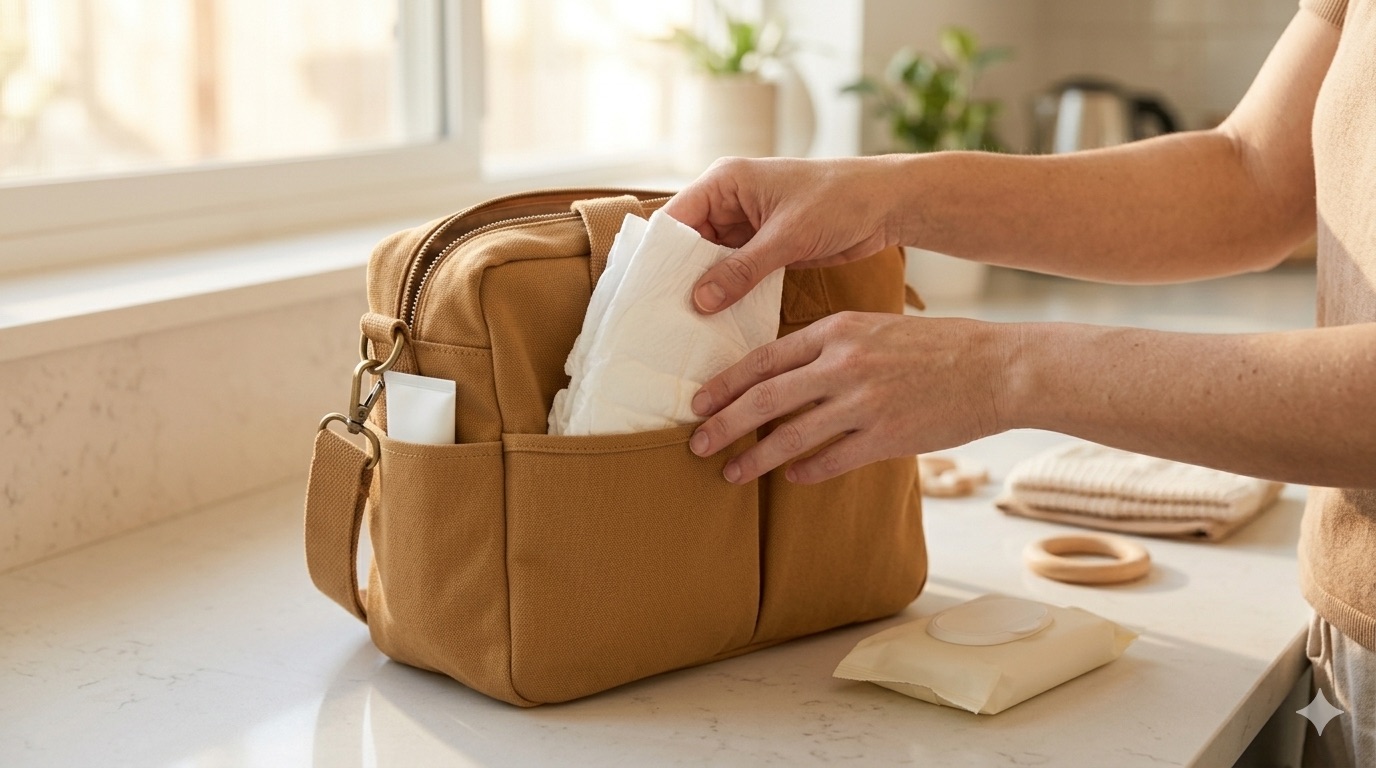 Mains d'un parent rangeant une couche pliée dans la poche avant d'un sac à langer
