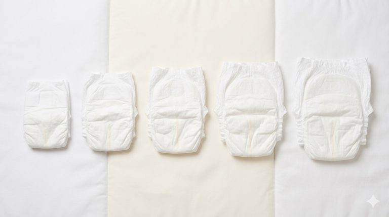 Cinq couches bébé en tailles croissantes — de taille 1 nouveau-né à taille 5 marcheur