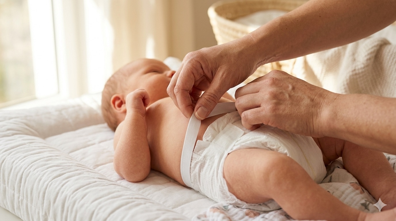 Mains d'un parent ajustant la ceinture élastique d'une couche sur un nourrisson