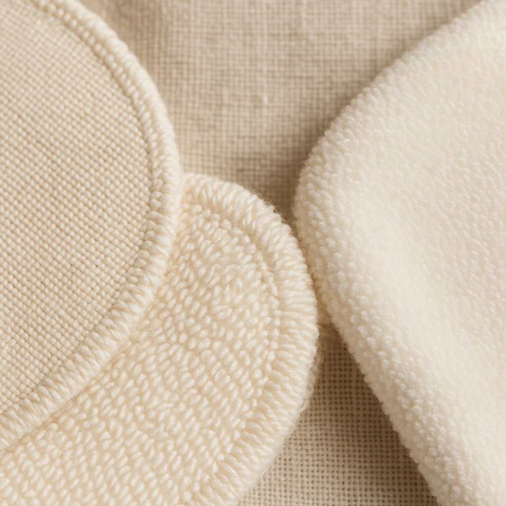 couche lavable - Permet au lecteur de visualiser et comparer visuellement les textures des différentes matières absorbantes (coton, bambou, microfibre) pour mieux comprendre leurs différences avant d'acheter