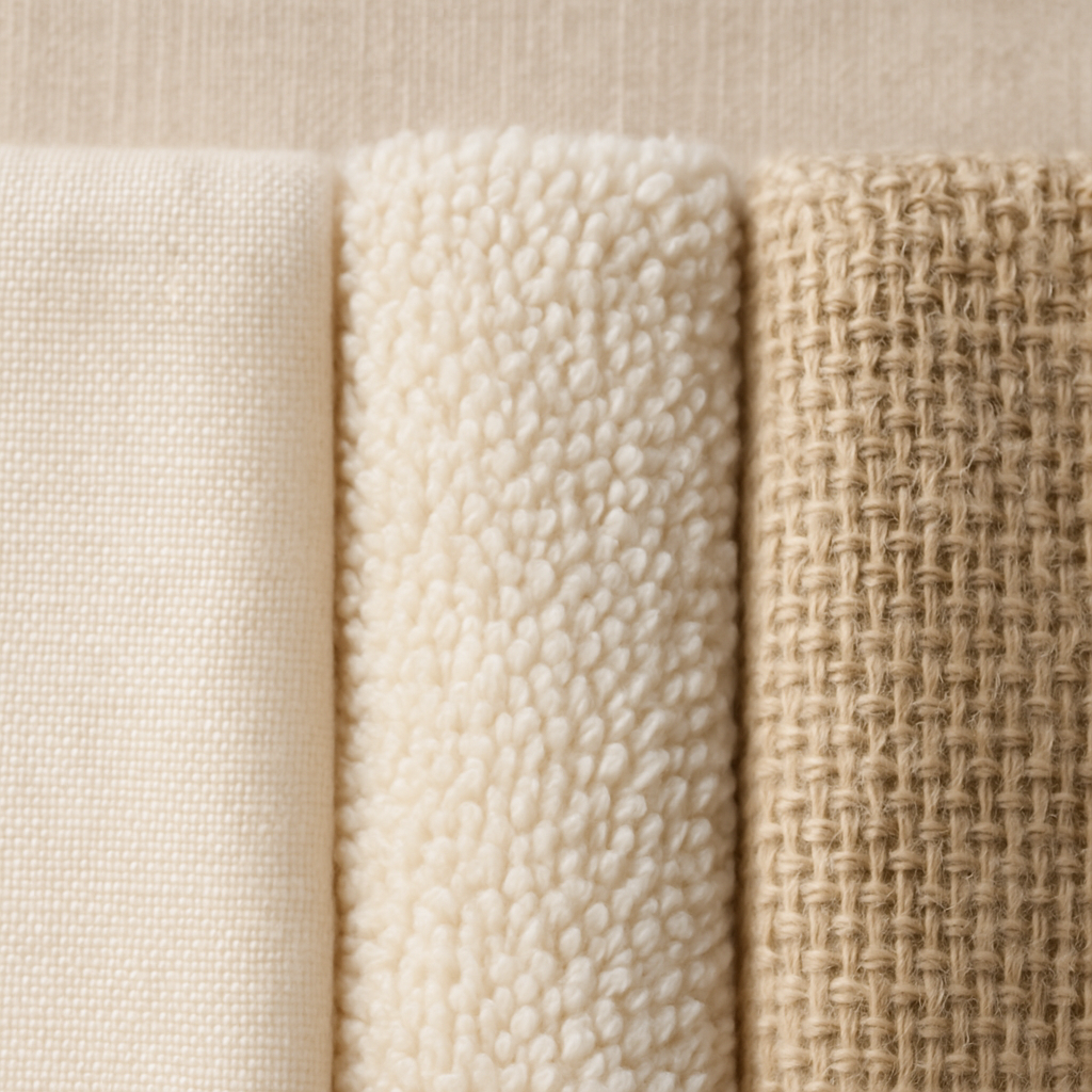 couche lavable - Photo matière/texture : permet au lecteur de visualiser et de comparer concrètement les textures du coton, du bambou et du chanvre pour mieux comprendre leurs différences d'absorption et de douceur