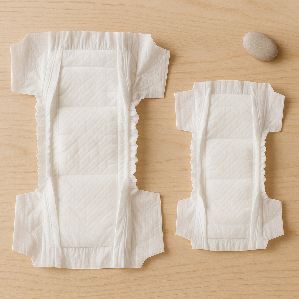 fuites couches nuit bébé - Illustre la comparaison visuelle entre deux tailles de couches, aidant le lecteur à identifier si la taille de la couche de leur bébé est adaptée