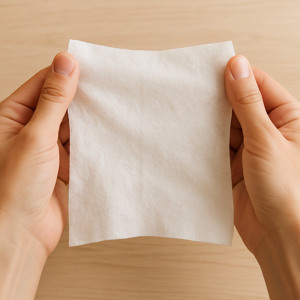lingettes bébé peau sensible - Illustre concrètement le geste d'inspection d'une lingette, accompagnant la section sur la lecture de la composition : le lecteur visualise comment examiner et manipuler le produit avant de lire son étiquette