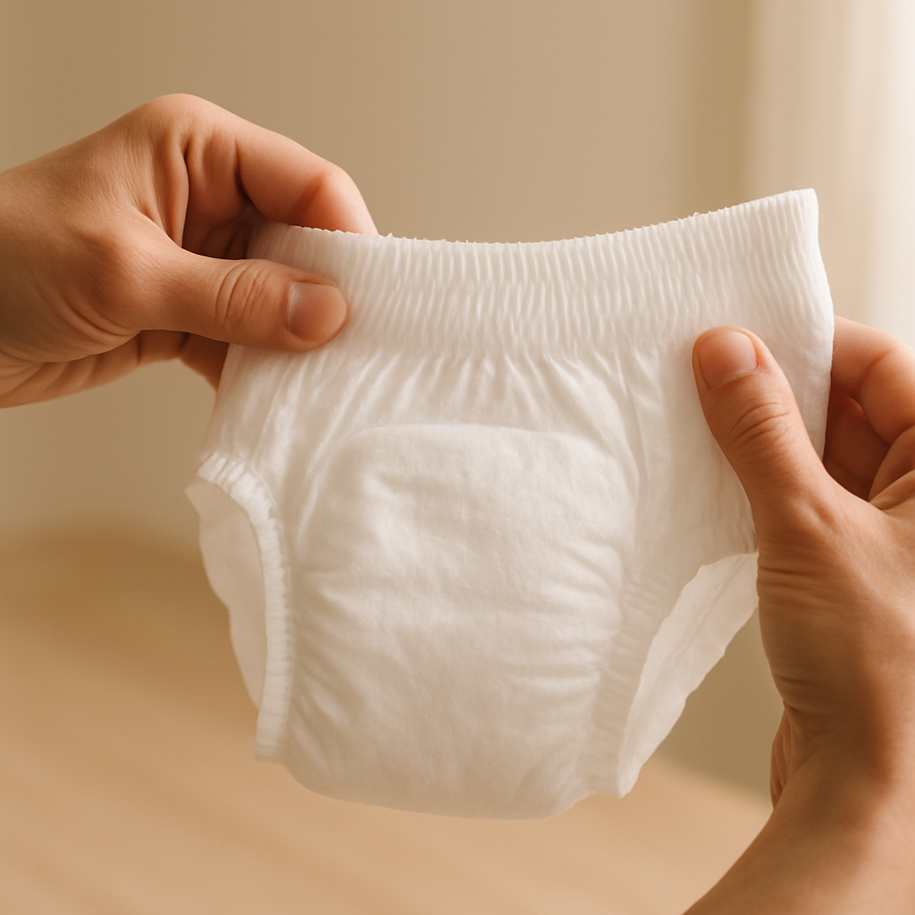 couches marque distributeur bébé - illustre concrètement le geste de vérification de la qualité et de la souplesse d'une couche, rassurant le lecteur sur les critères de sécurité et de confort à évaluer