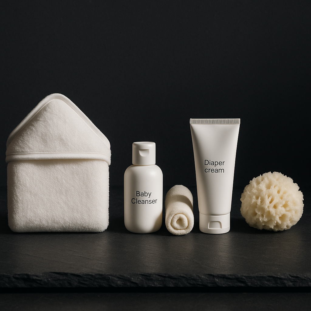 toilette nourrisson - présente visuellement le matériel indispensable côte à côte, aide le lecteur à identifier chaque accessoire nécessaire