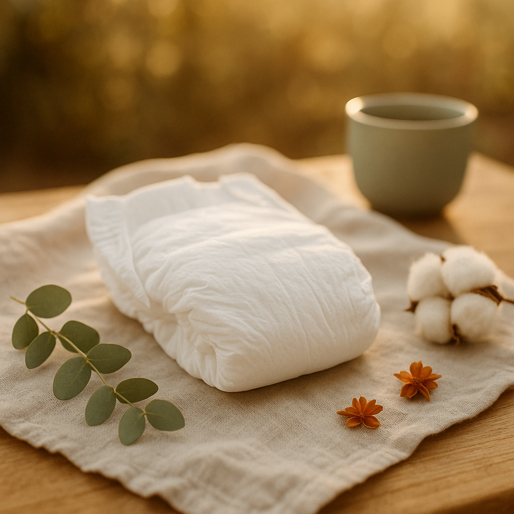 meilleure couche nuit bébé - met en scène une couche nuit dans un environnement naturel et rassurant, aidant le lecteur à se projeter dans les critères de choix : matières, douceur, aspect naturel