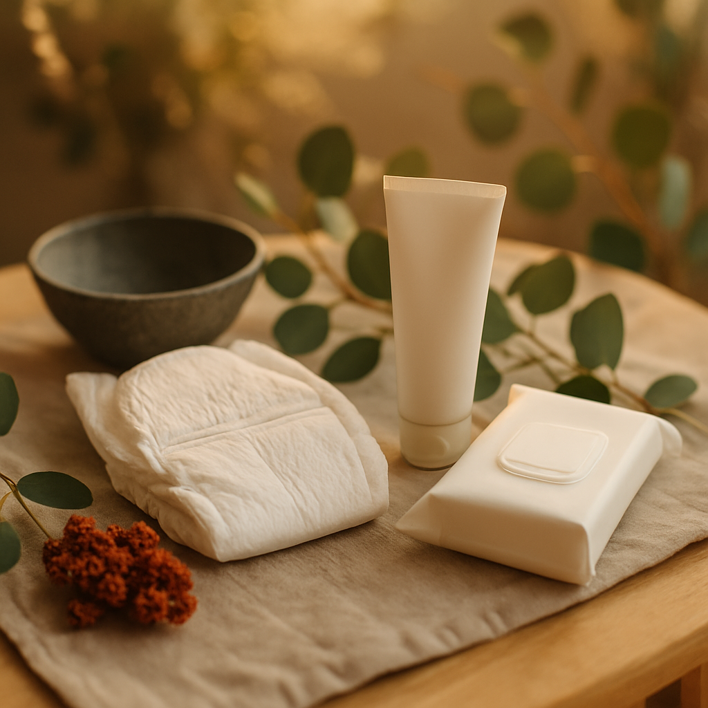 abonnement couches bébé - met en scène les différents types de produits (couches, crème, lingettes) que l'on retrouve dans un abonnement, aidant le lecteur à visualiser les critères de sélection dans un contexte naturel et qualitatif