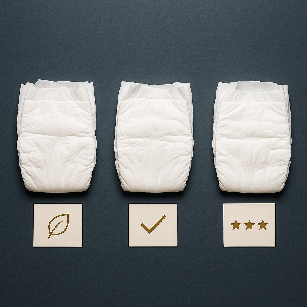 composition couches bébé substances - le lecteur comprend visuellement la notion de labels et certifications européens/français en voyant des produits côte à côte avec des symboles de conformité, illustrant le propos réglementaire de la section