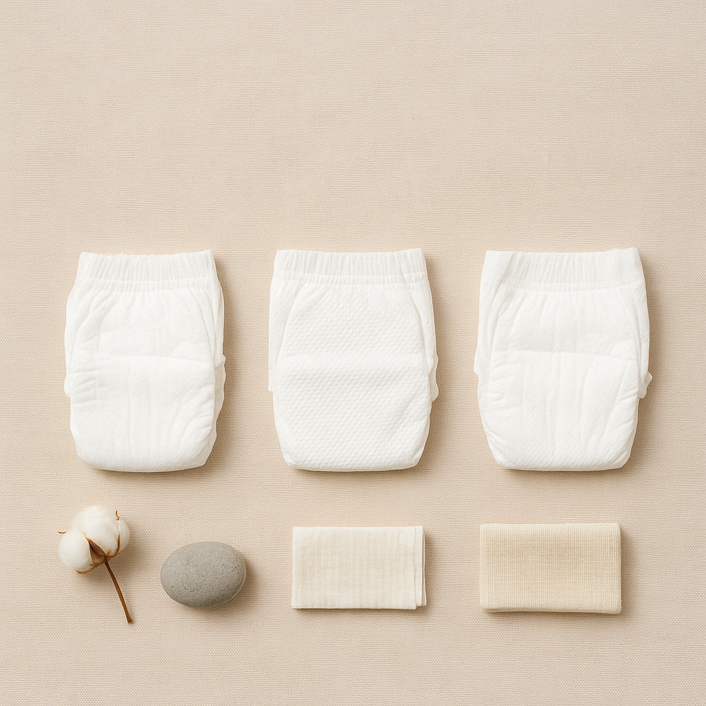 bébé canicule couche - présente visuellement les différents types de couches adaptées à la canicule côte à côte, aidant le lecteur à distinguer les options selon leurs matières et leur finesse