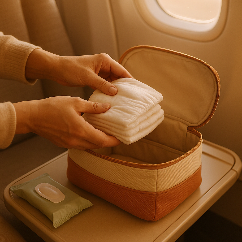 couches bébé voyage avion - illustre le geste concret de préparer le bagage à main avec les couches pour un vol, rendant les conseils pratiques avion immédiatement visuels