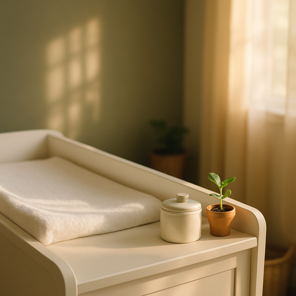 table à langer bébé - illustre le contexte quotidien d'utilisation d'une table à langer, renforçant son caractère indispensable dans la nurserie