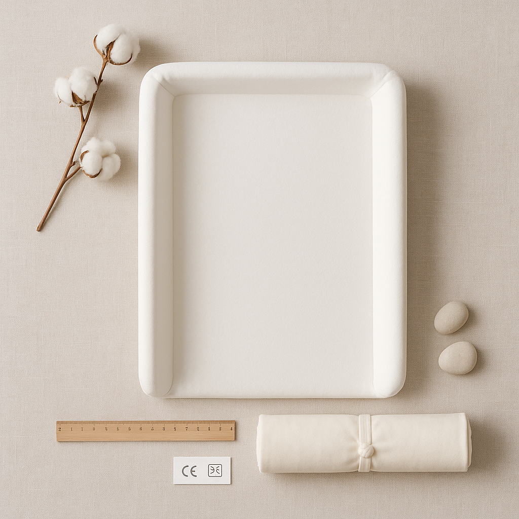 table à langer bébé - met en scène visuellement les critères clés de choix (dimensions, matière, sécurité) de façon claire et épurée