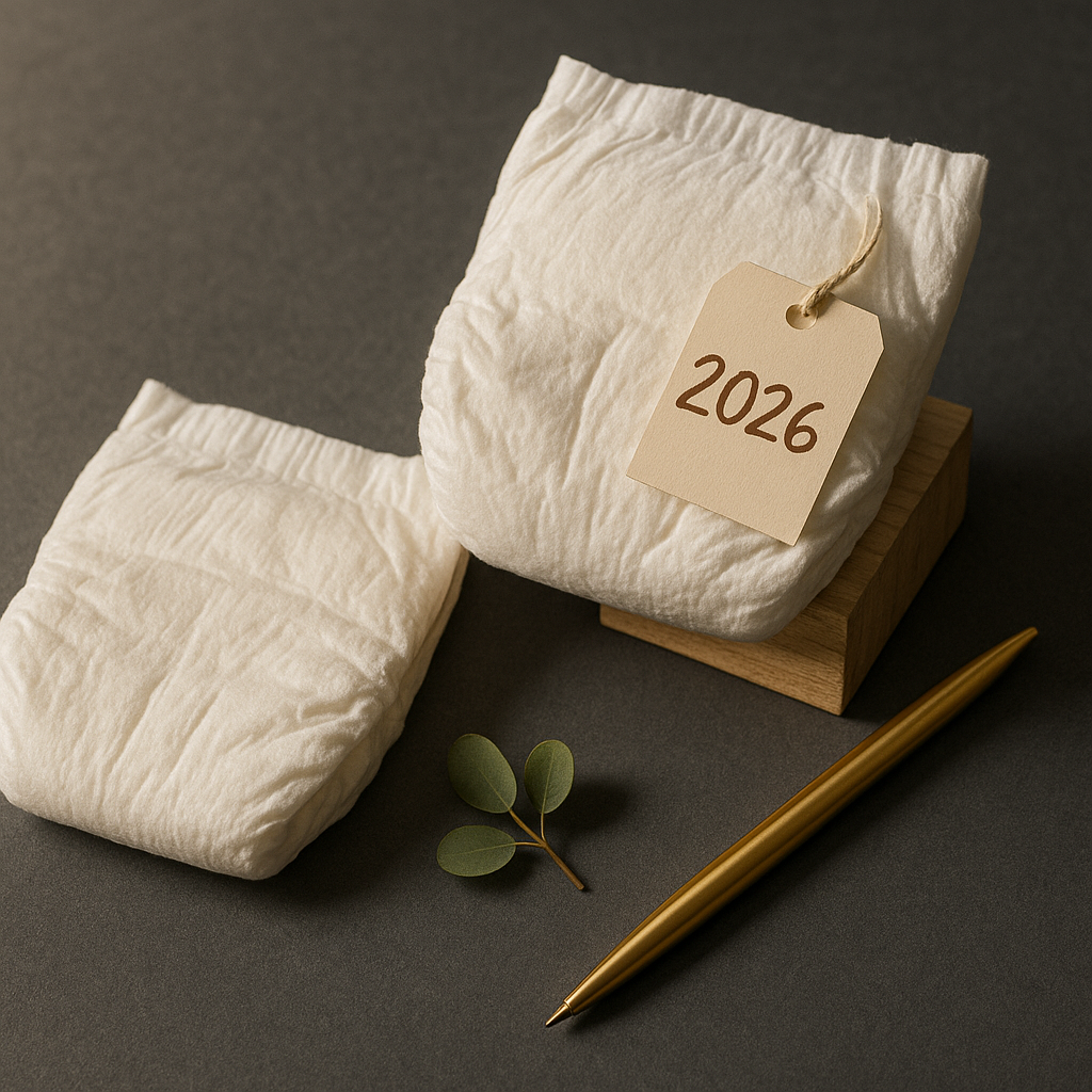 PFAS couches bébé - illustre de façon éditoriale l'entrée en vigueur d'une nouvelle loi en 2026, avec l'élément de l'étiquette manuscrite '2026' rendant le message législatif immédiatement lisible