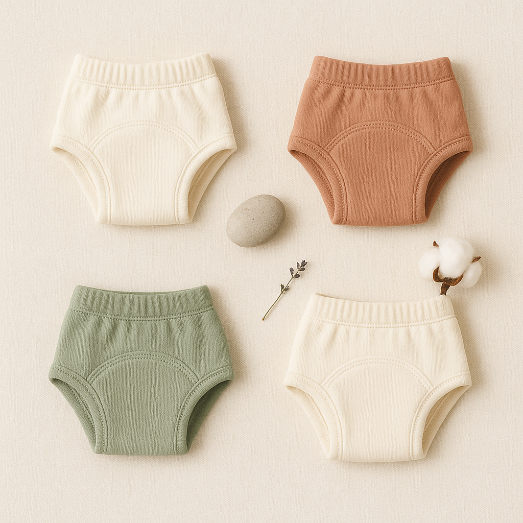 culotte apprentissage propreté bébé - illustre la démarche de sélection et de choix de la culotte adaptée, créant une ambiance de guide pratique serein et organisé