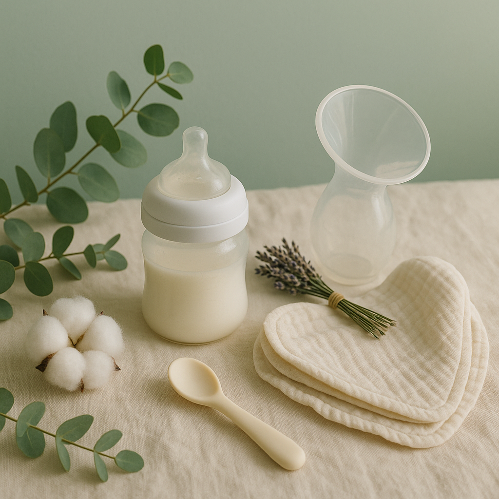liste de naissance puériculture - illustre de façon apaisante et naturelle les accessoires d'alimentation bébé essentiels, aide le lecteur à visualiser ce qu'il faut prévoir pour nourrir son bébé