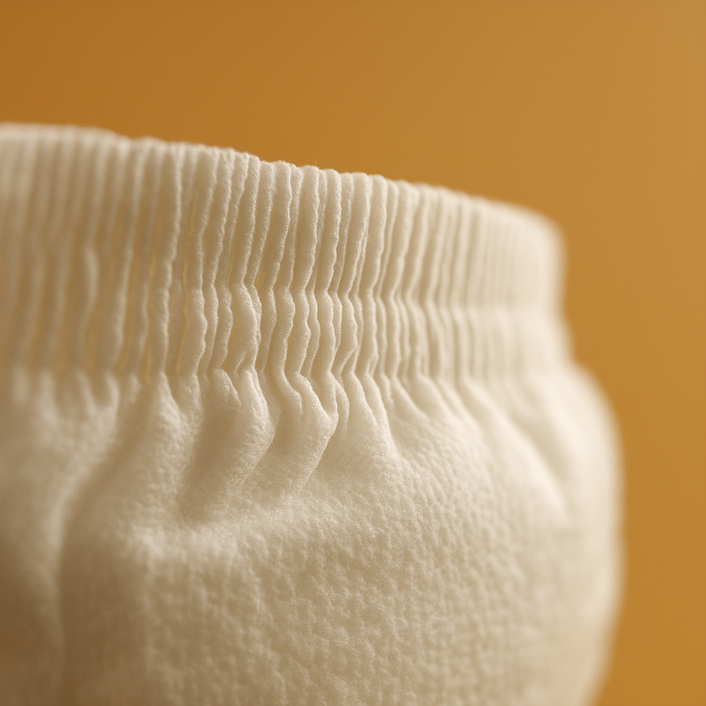 fuites dorsales couche nouveau-né - Le lecteur comprend concrètement les caractéristiques techniques anti-fuites dorsales (barrière élastique, texture de la matière) grâce au gros plan sur les fibres et la poche de rétention.