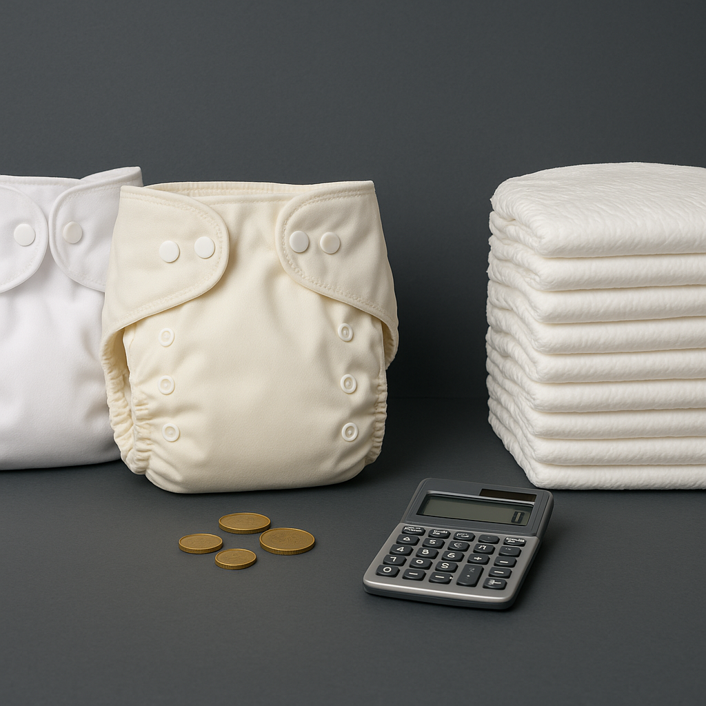 couches lavables vs jetables bilan - présente une comparaison visuelle claire entre couches lavables et jetables pour illustrer le bilan économique avec un accessoire évocateur du coût