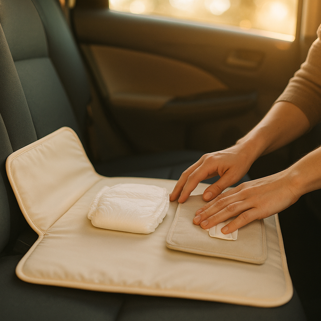 changer bébé en déplacement - Le lecteur comprend visuellement comment organiser un change en voiture grâce au tapis de change portable sur la banquette ou le coffre