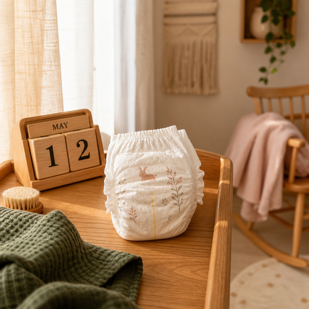 arrêter couche nuit bébé - illustre le concept d'âge et de timing pour arrêter la couche la nuit, ancré dans un contexte de vie quotidienne parentale